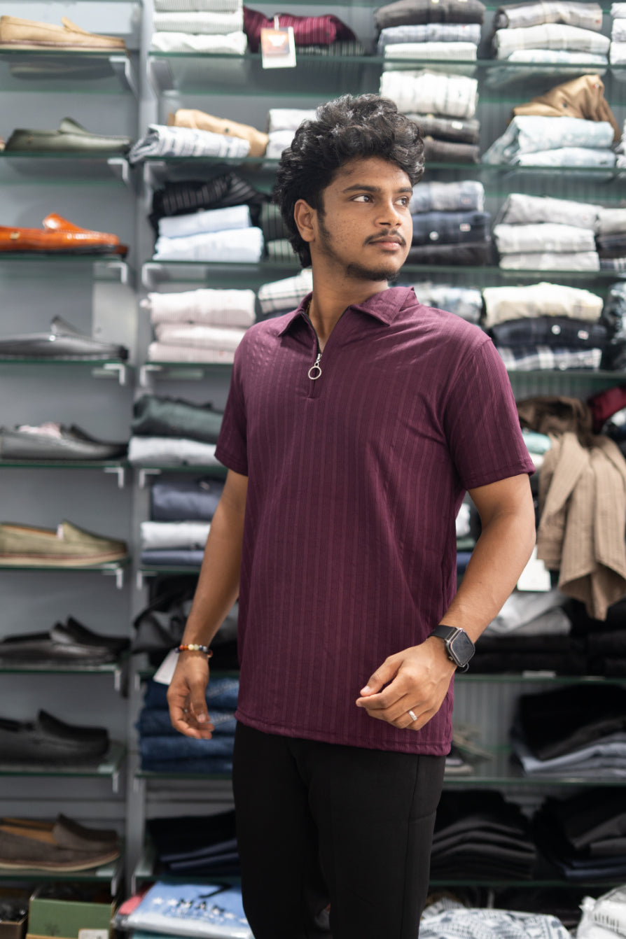 Half Sleeve Zipper Collar T-Shirt for Men – Stylish Casual Wear - Maroon