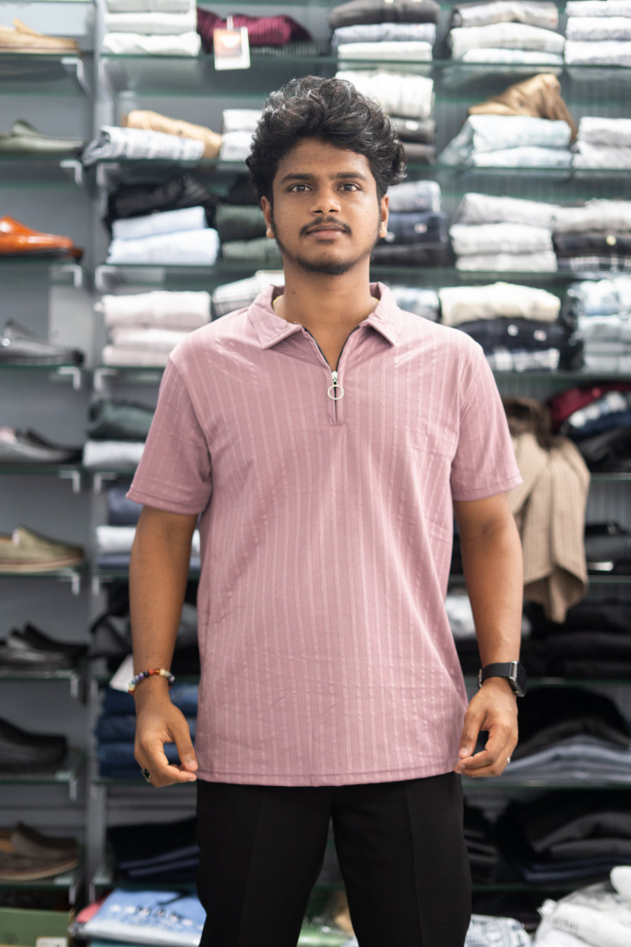 Half Sleeve Zipper Collar T-Shirt for Men – Stylish Casual Wear - Pink