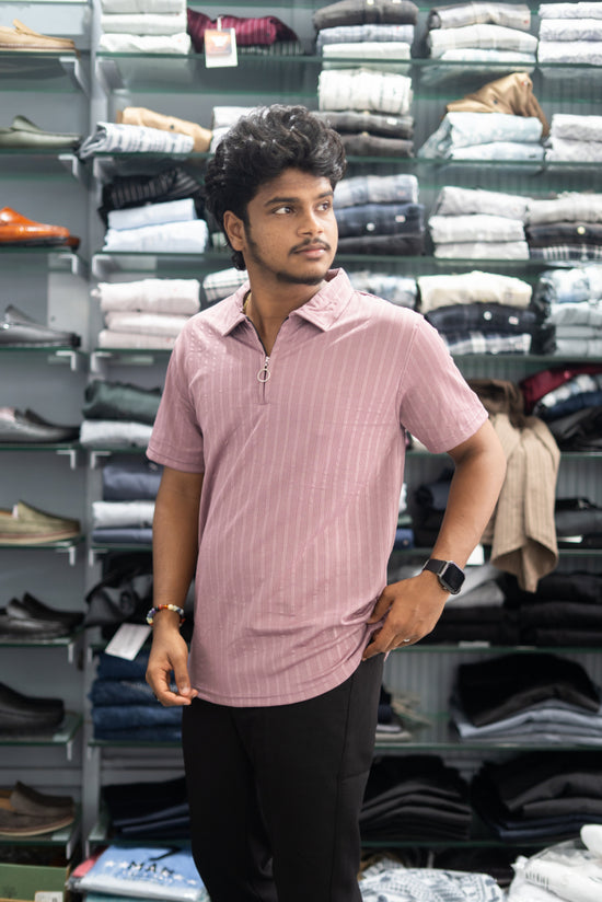 Half Sleeve Zipper Collar T-Shirt for Men – Stylish Casual Wear - Pink
