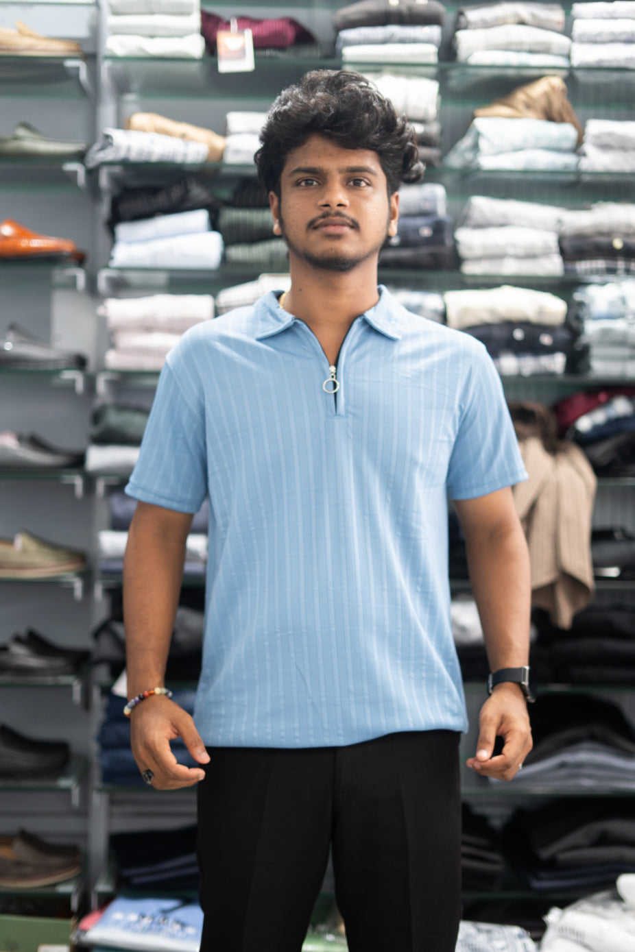 Half Sleeve Zipper Collar T-Shirt for Men – Stylish Casual Wear - Sky Blue