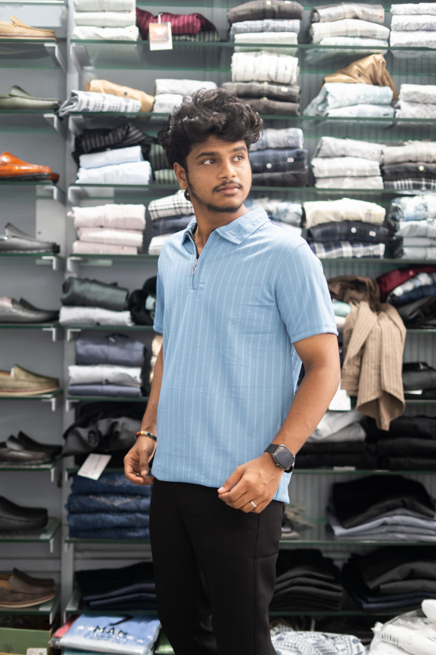 Half Sleeve Zipper Collar T-Shirt for Men – Stylish Casual Wear - Sky Blue