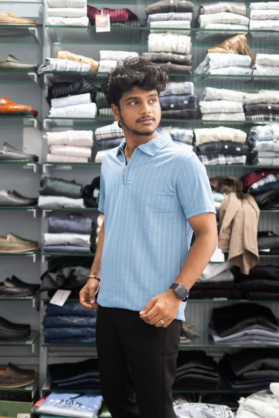 Half Sleeve Zipper Collar T-Shirt for Men – Stylish Casual Wear - Sky Blue