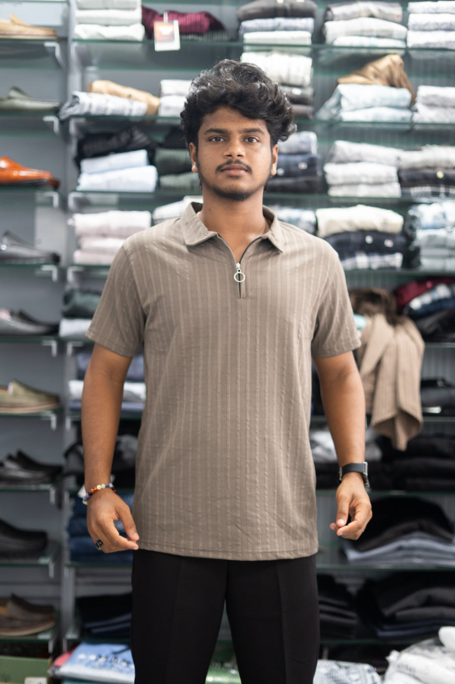 Half Sleeve Zipper Collar T-Shirt for Men – Stylish Casual Wear - Brown