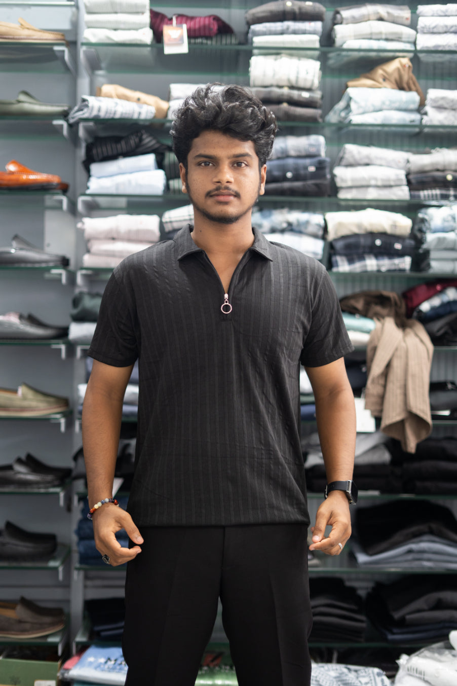 Half Sleeve Zipper Collar T-Shirt for Men – Stylish Casual Wear - Black