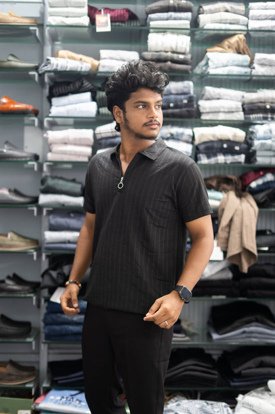 Half Sleeve Zipper Collar T-Shirt for Men – Stylish Casual Wear - Black