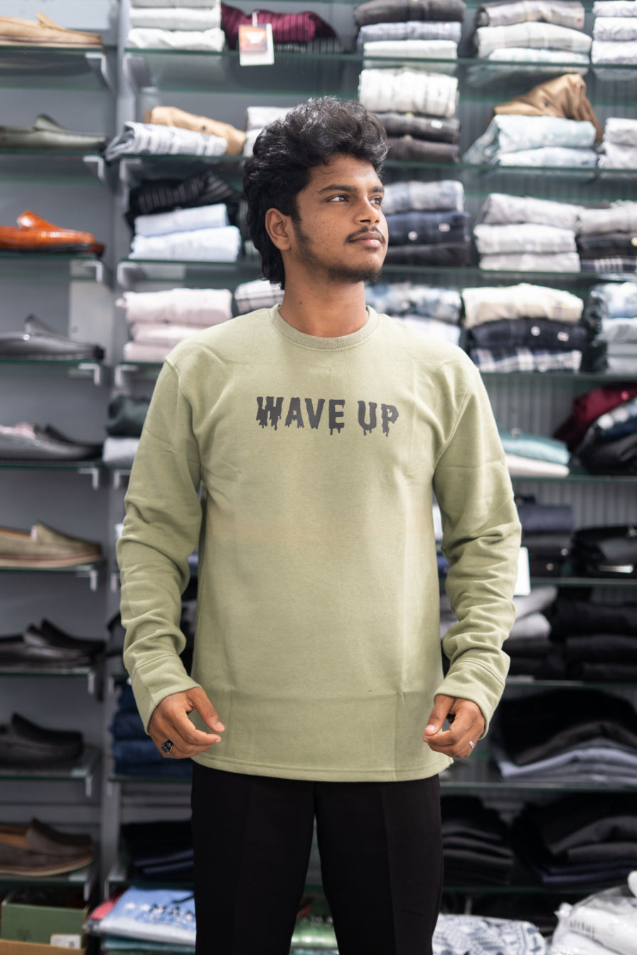 Full Sleeve Round Neck WAVE UP Back Printed Mens Tshirt - Pistha Green