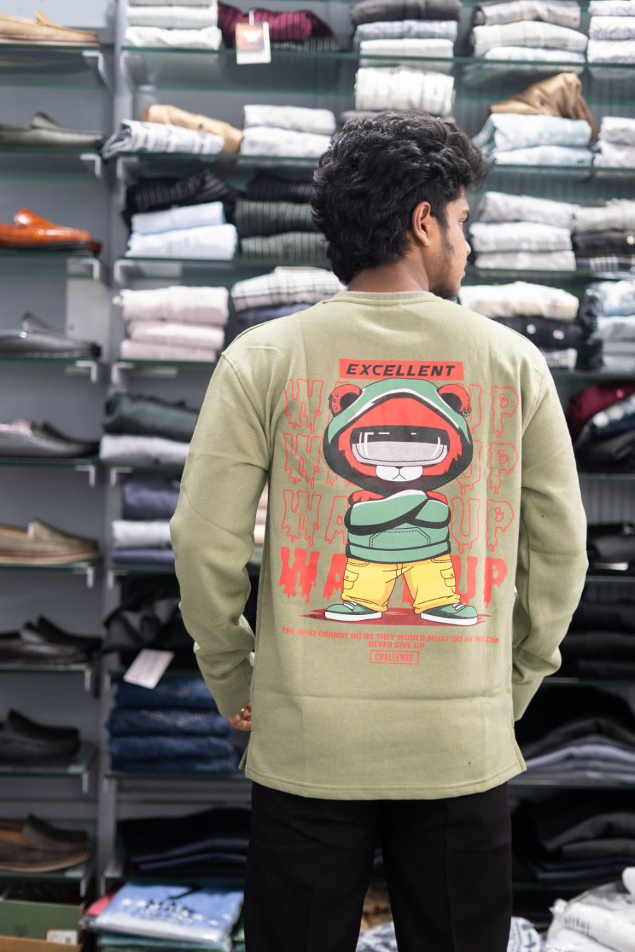 Full Sleeve Round Neck WAVE UP Back Printed Mens Tshirt - Pistha Green