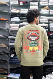 Full Sleeve Round Neck WAVE UP Back Printed Mens Tshirt - Pistha Green-T-Shirt-7 Man