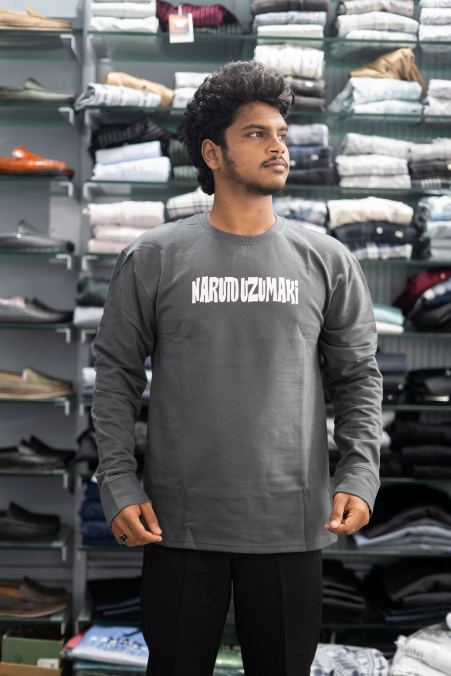 Full Sleeve Round Neck NARUTO Back Printed Mens Tshirt - Grey