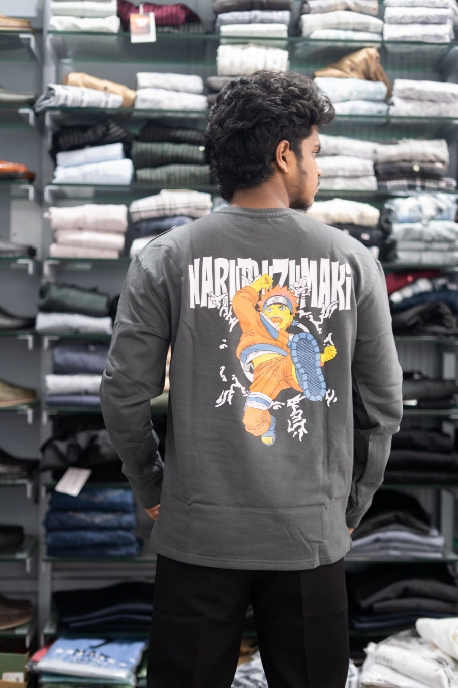 Full Sleeve Round Neck NARUTO Back Printed Mens Tshirt - Grey