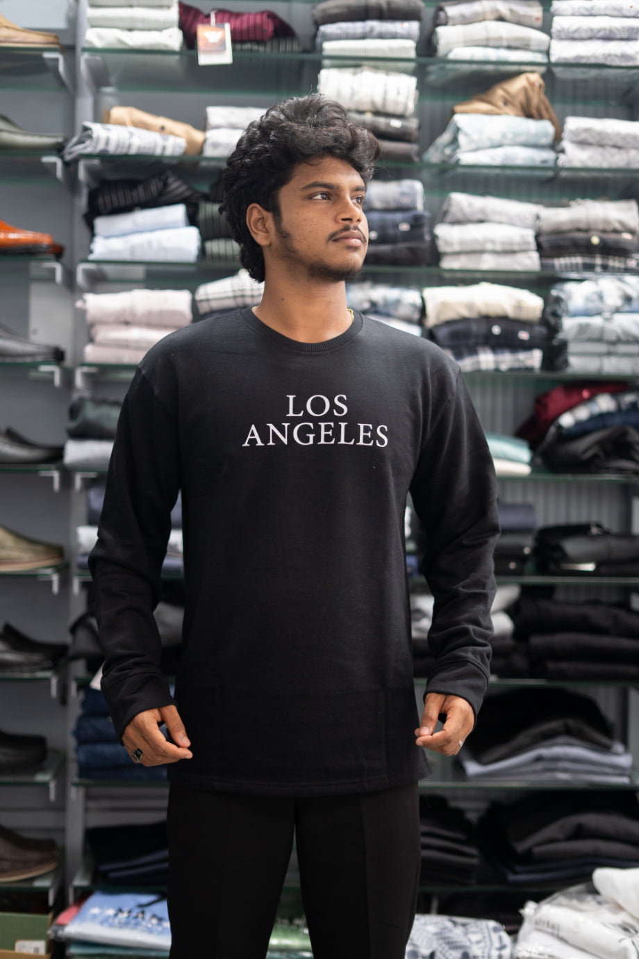 Full Sleeve Round Neck LOS ANGELES Back Printed Mens Tshirt - Black