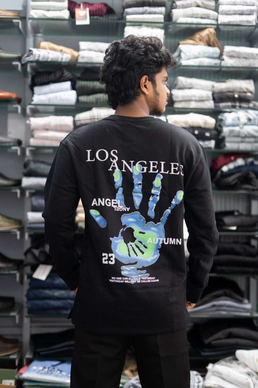 Full Sleeve Round Neck LOS ANGELES Back Printed Mens Tshirt - Black