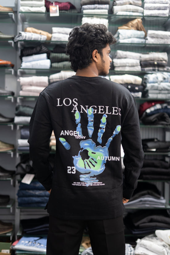 Full Sleeve Round Neck LOS ANGELES Back Printed Mens Tshirt - Black