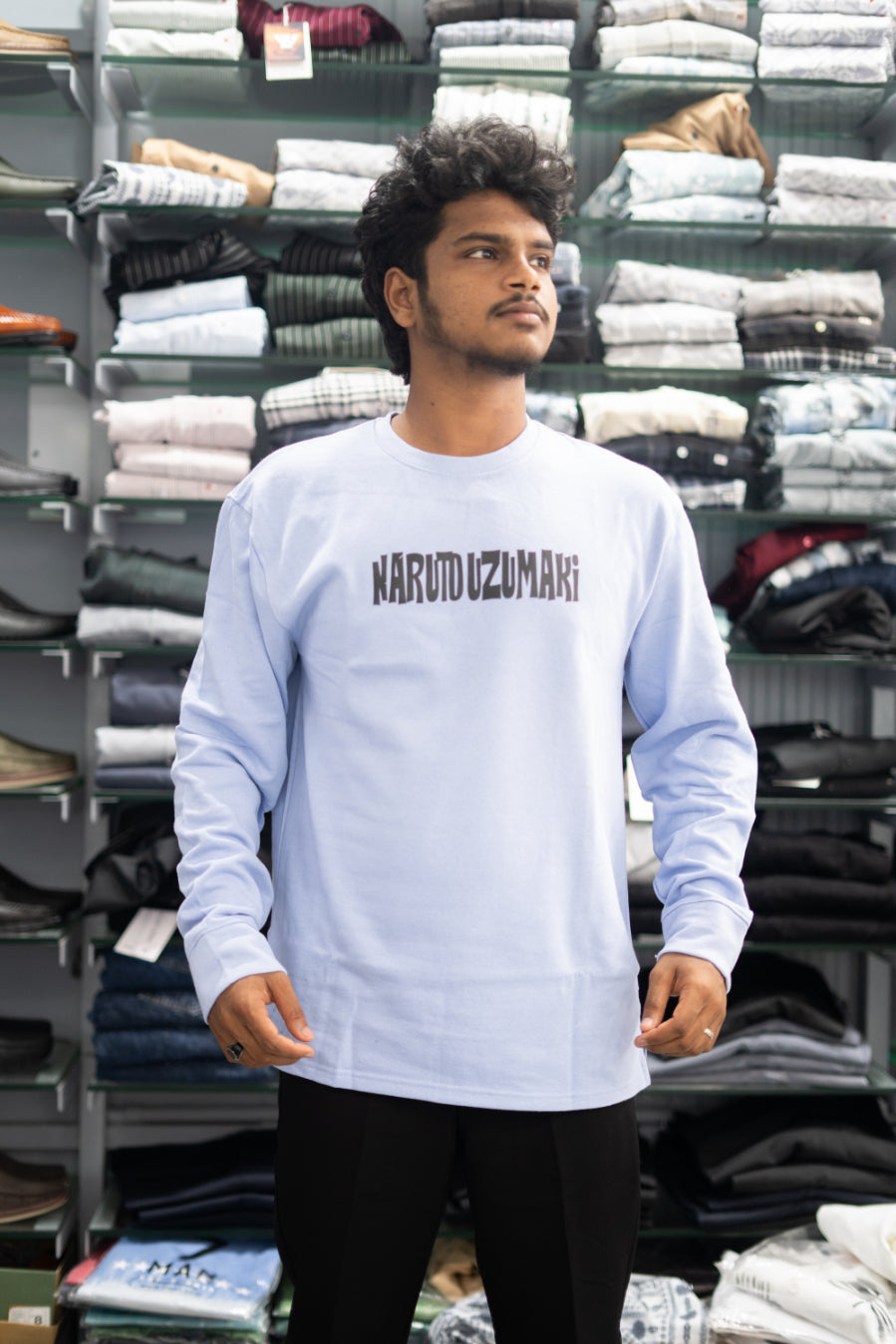 Full Sleeve Round Neck NARUTO Back Printed Mens Tshirt - Ice Blue