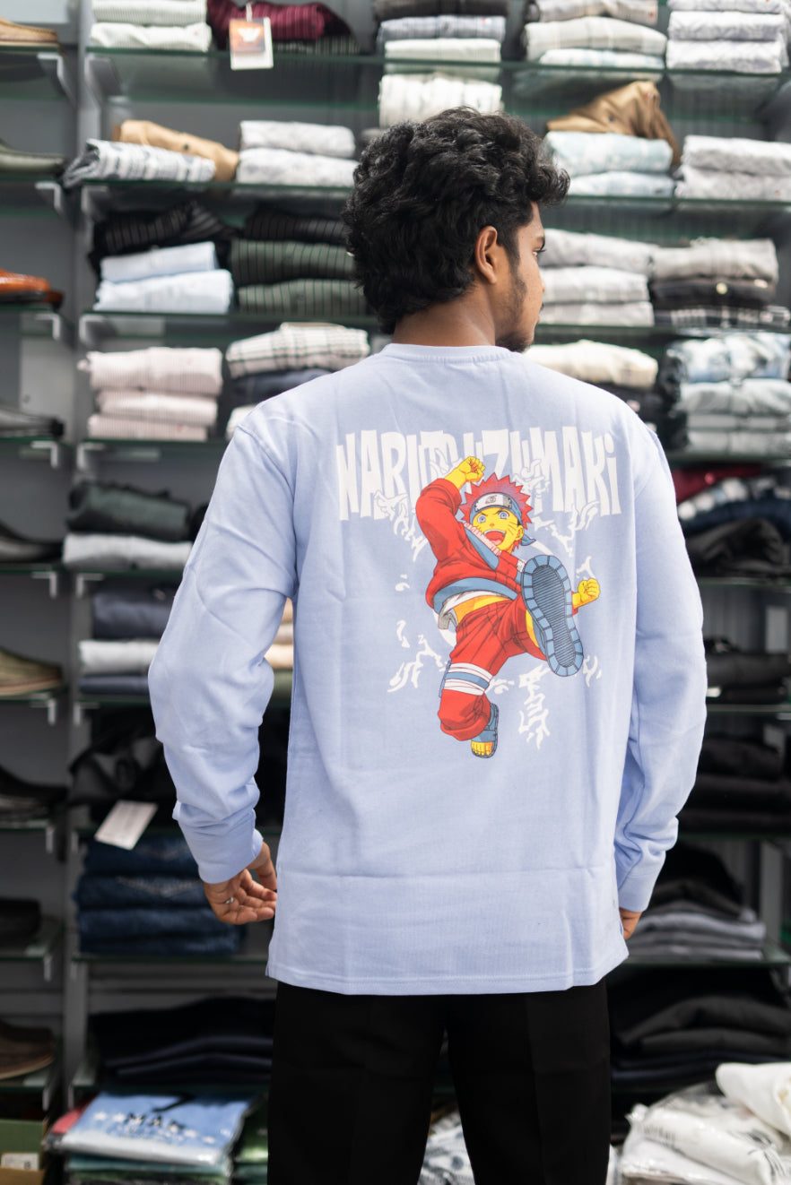 Full Sleeve Round Neck NARUTO Back Printed Mens Tshirt - Ice Blue