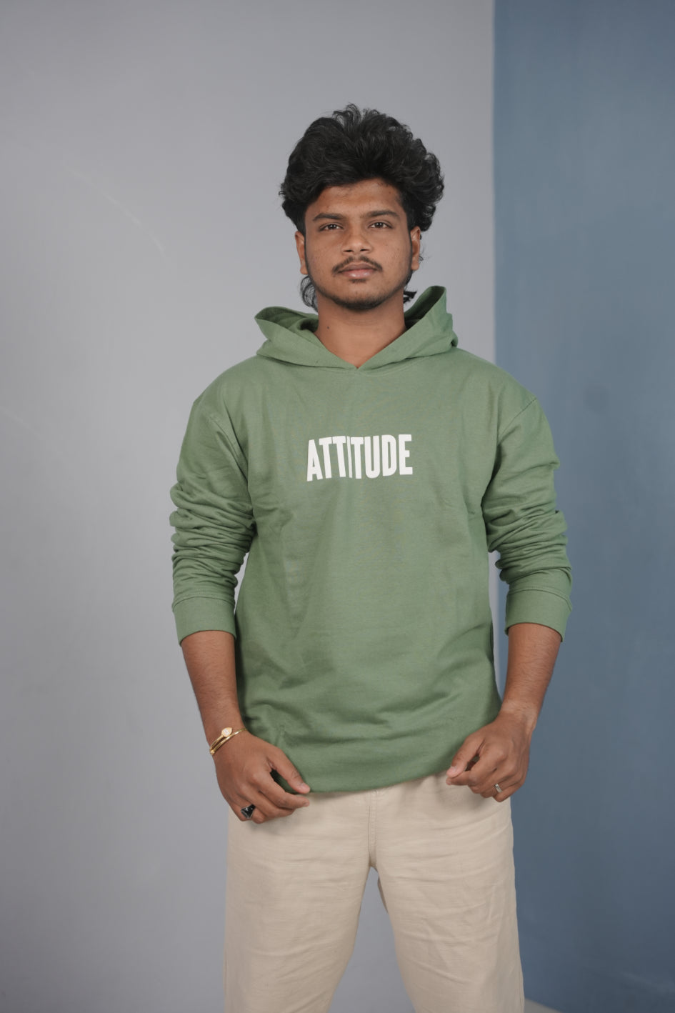 Men’s Full Sleeve ATTITUDE Printed | Oversized Hoodie for Men - Pista Green