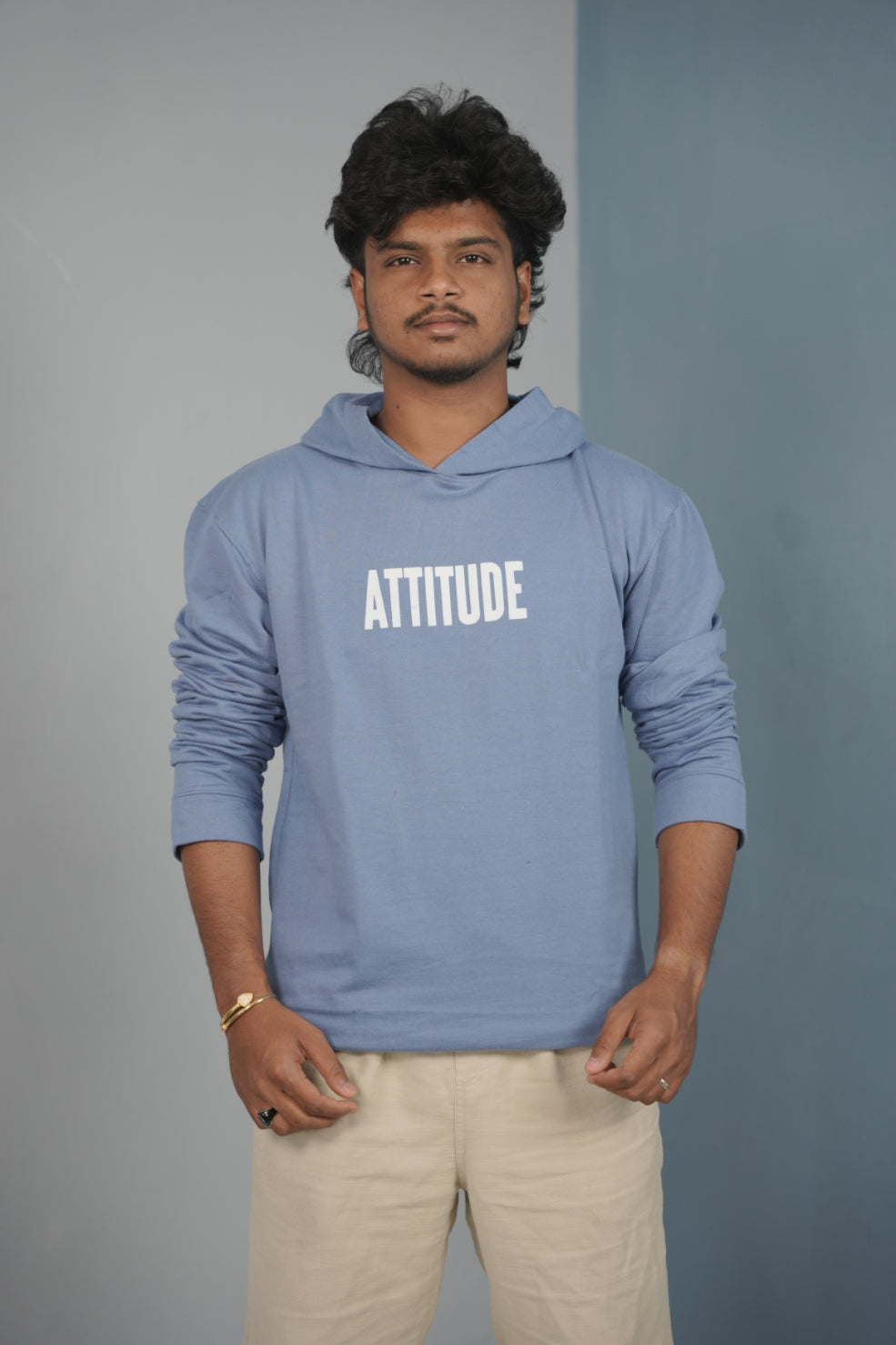 Men’s Full Sleeve ATTITUDE Printed | Oversized Hoodie for Men - Sky Blue