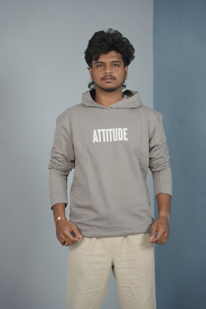 Men’s Full Sleeve ATTITUDE Printed | Oversized Hoodie for Men - Ash