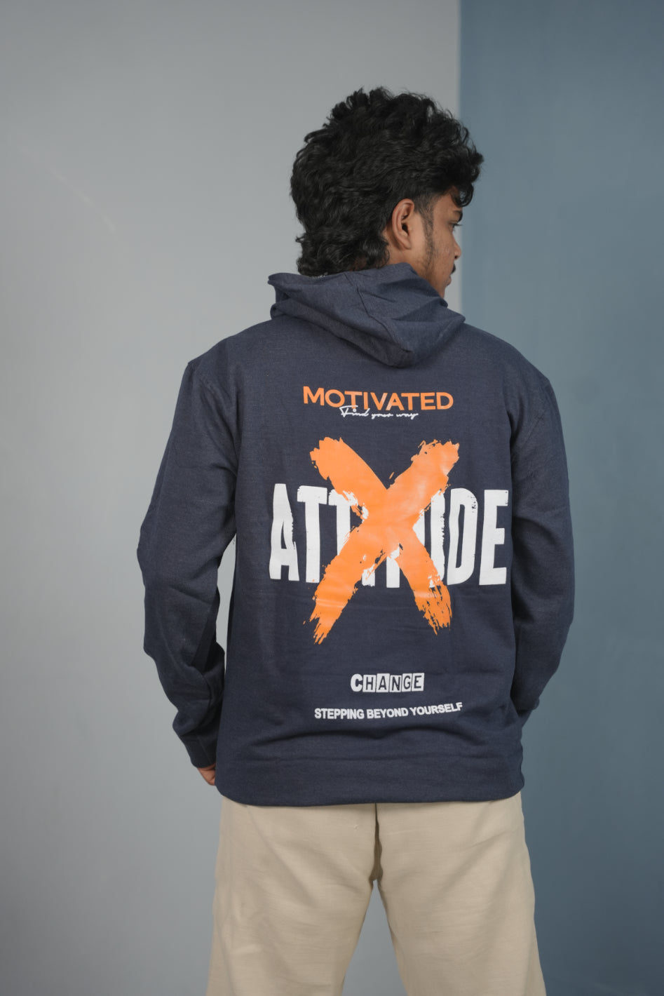 Men’s Full Sleeve ATTITUDE Printed | Oversized Hoodie for Men - Navy Blue