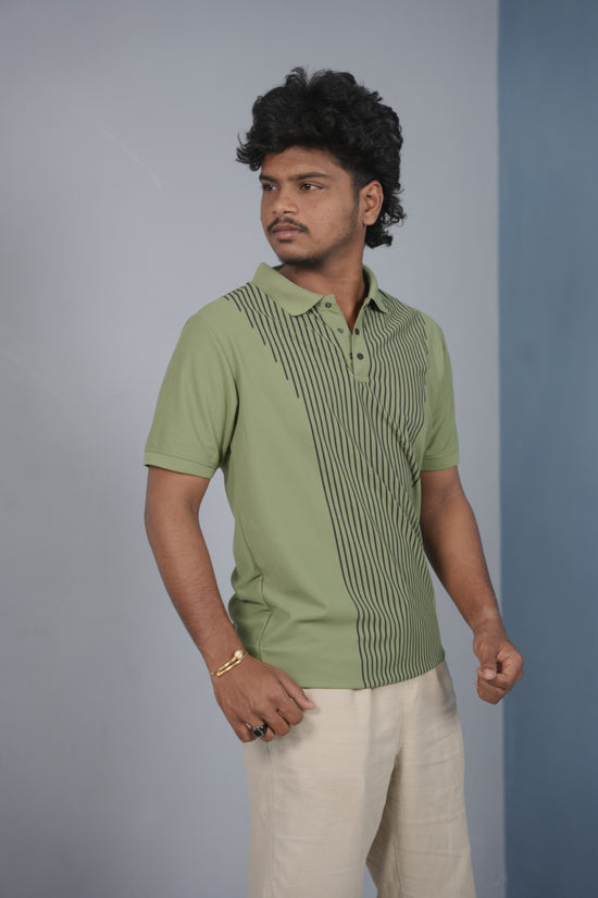 Vertical Stripe Polo T Shirt for Men | Slim Fit Casual Style - Green