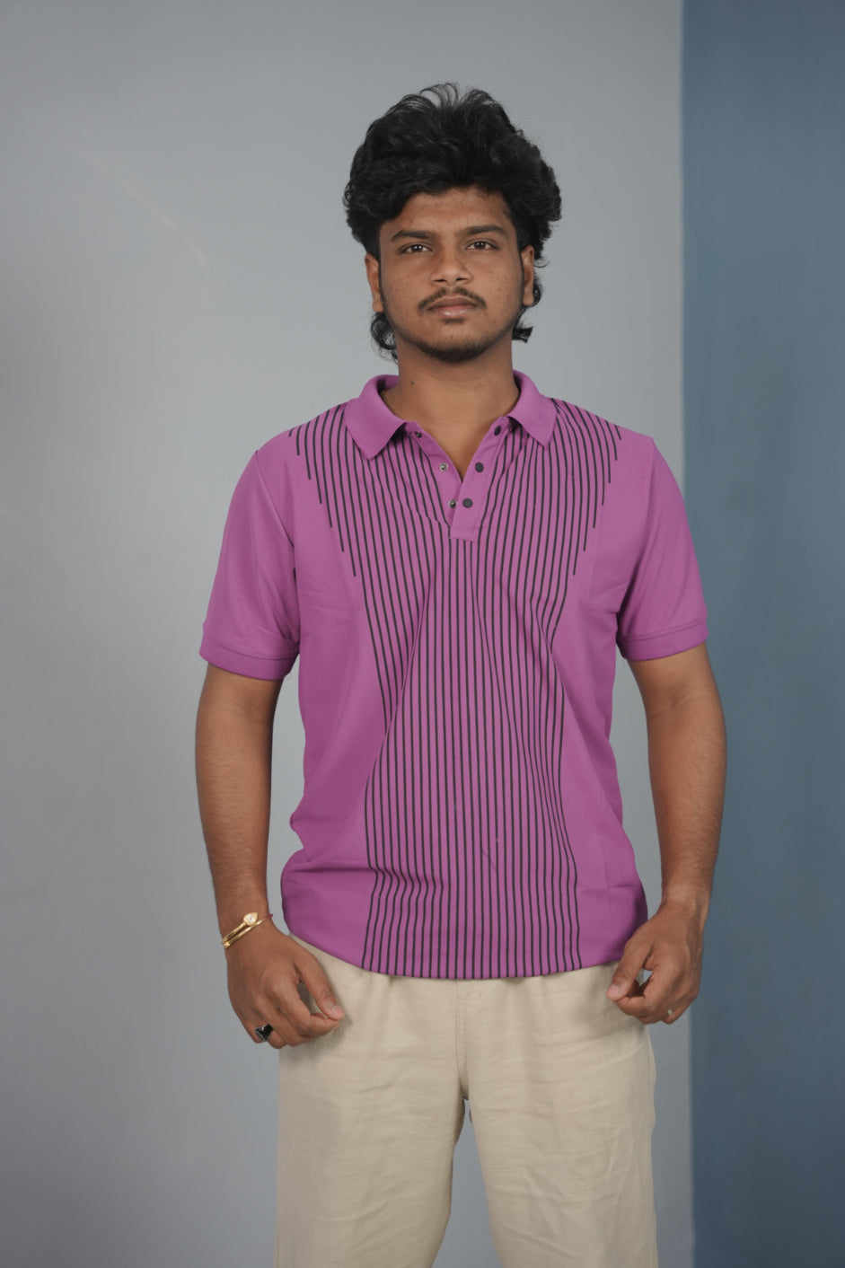 Vertical Stripe Polo T Shirt for Men | Slim Fit Casual Style - Pink