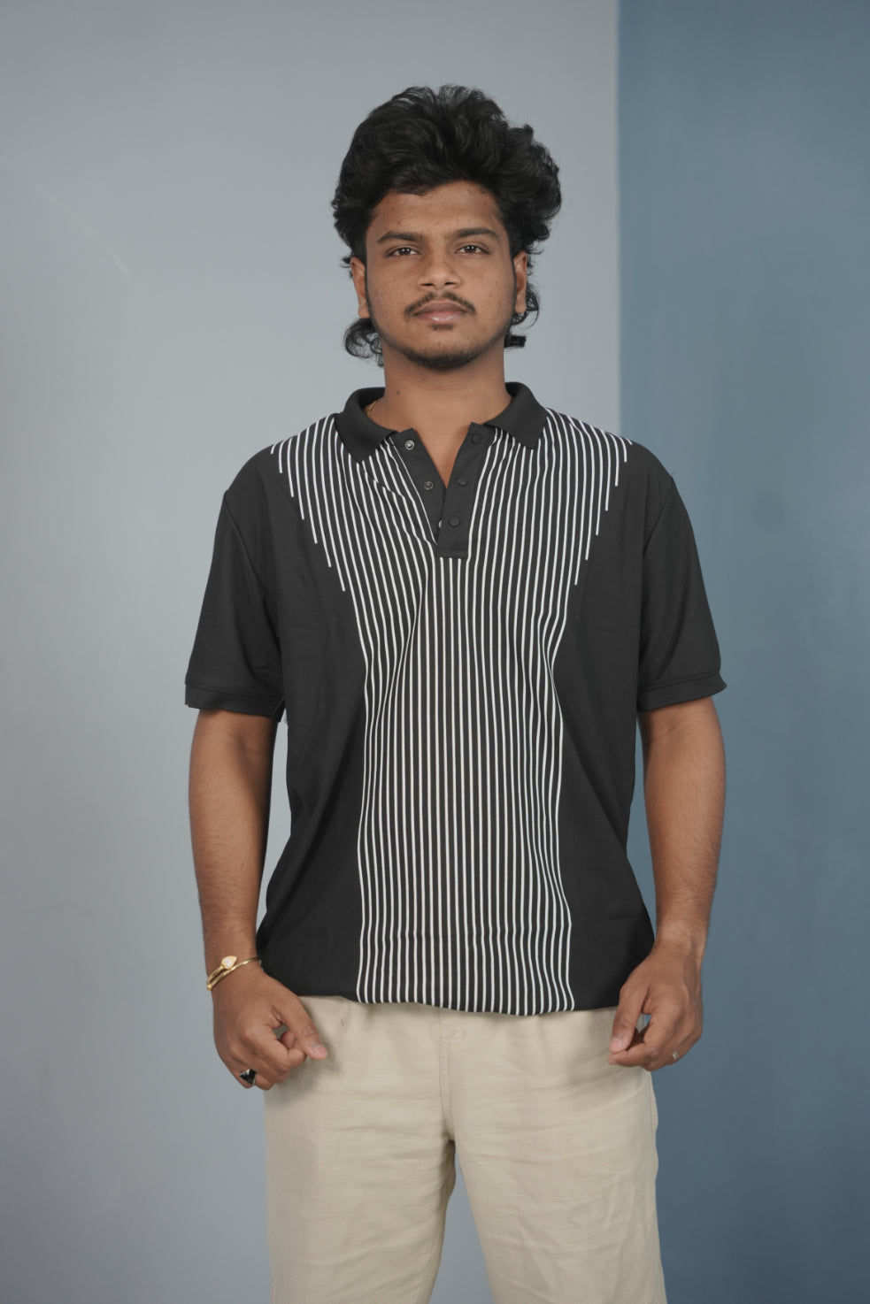 Vertical Stripe Polo T Shirt for Men | Slim Fit Casual Style - Black