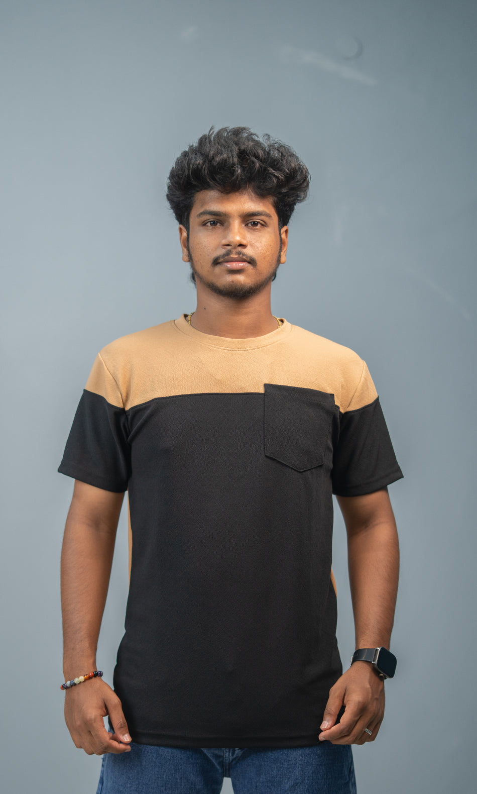 Men’s Short Sleeve Round Neck Block T-Shirt with Pocket | brown and Black