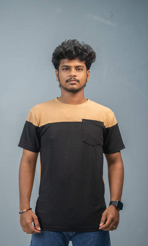 Men’s Short Sleeve Round Neck Block T-Shirt with Pocket | brown and Black