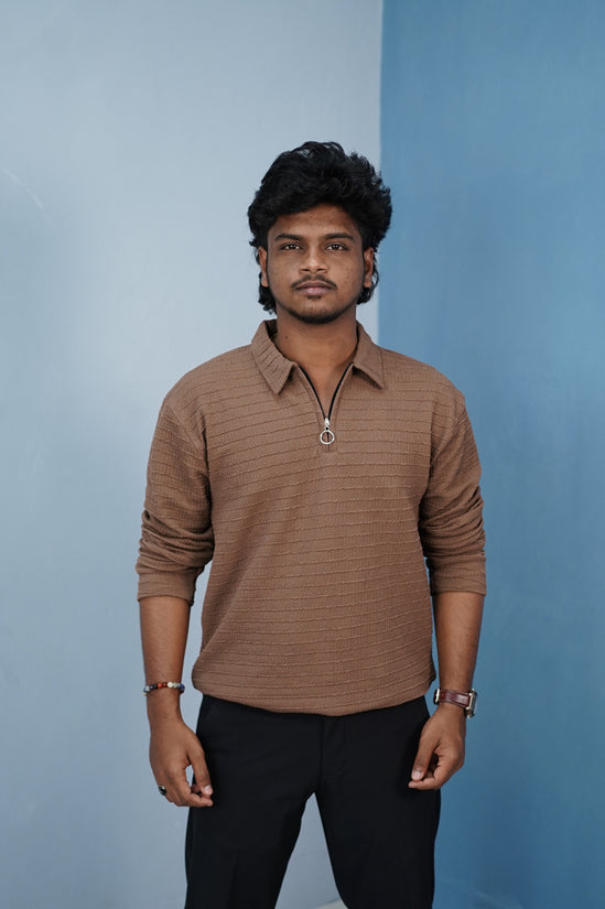 Men’s Korean Zipper Rib Full Sleeve T-Shirt – Slim Fit Casual Wear-Brown