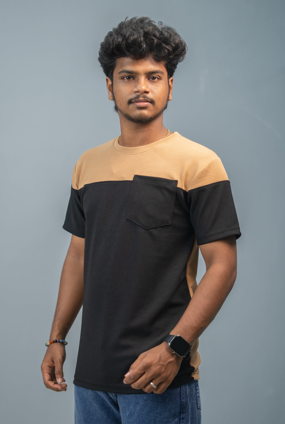 Men’s Short Sleeve Round Neck Block T-Shirt with Pocket | brown and Black