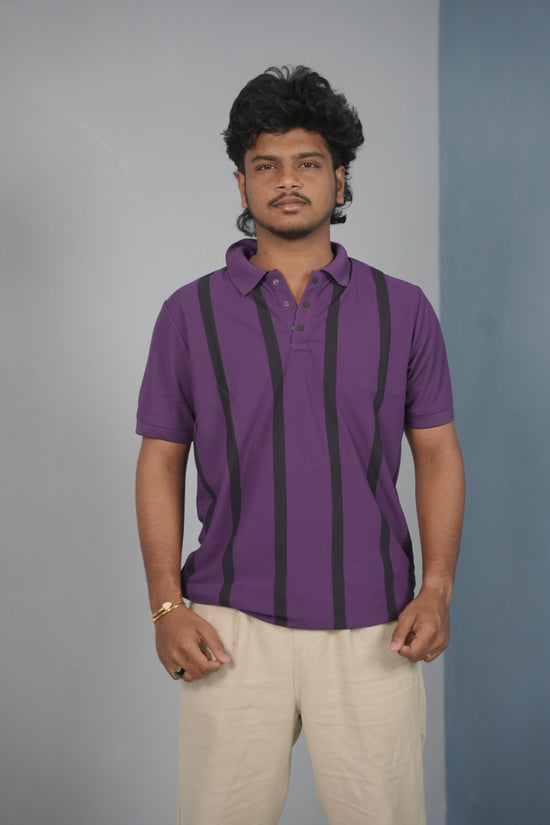 Trendy Vertical Stripe Short Sleeve Polo T Shirt for Men - Purple