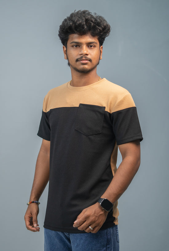 Men’s Short Sleeve Round Neck Block T-Shirt with Pocket | brown and Black