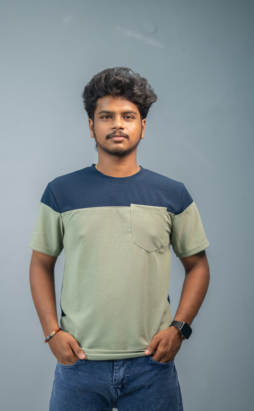 Men’s Short Sleeve Round Neck Block T-Shirt with Pocket | Blue and Green