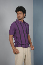 Trendy Vertical Stripe Short Sleeve Polo T Shirt for Men - Purple