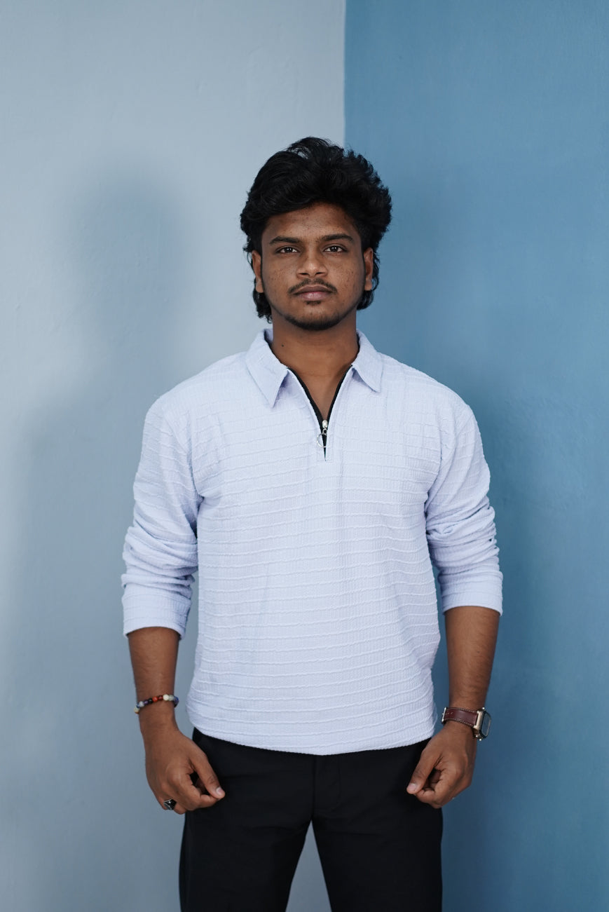 Men’s Korean Zipper Rib Full Sleeve T-Shirt – Slim Fit Casual Wear-Sky Blue