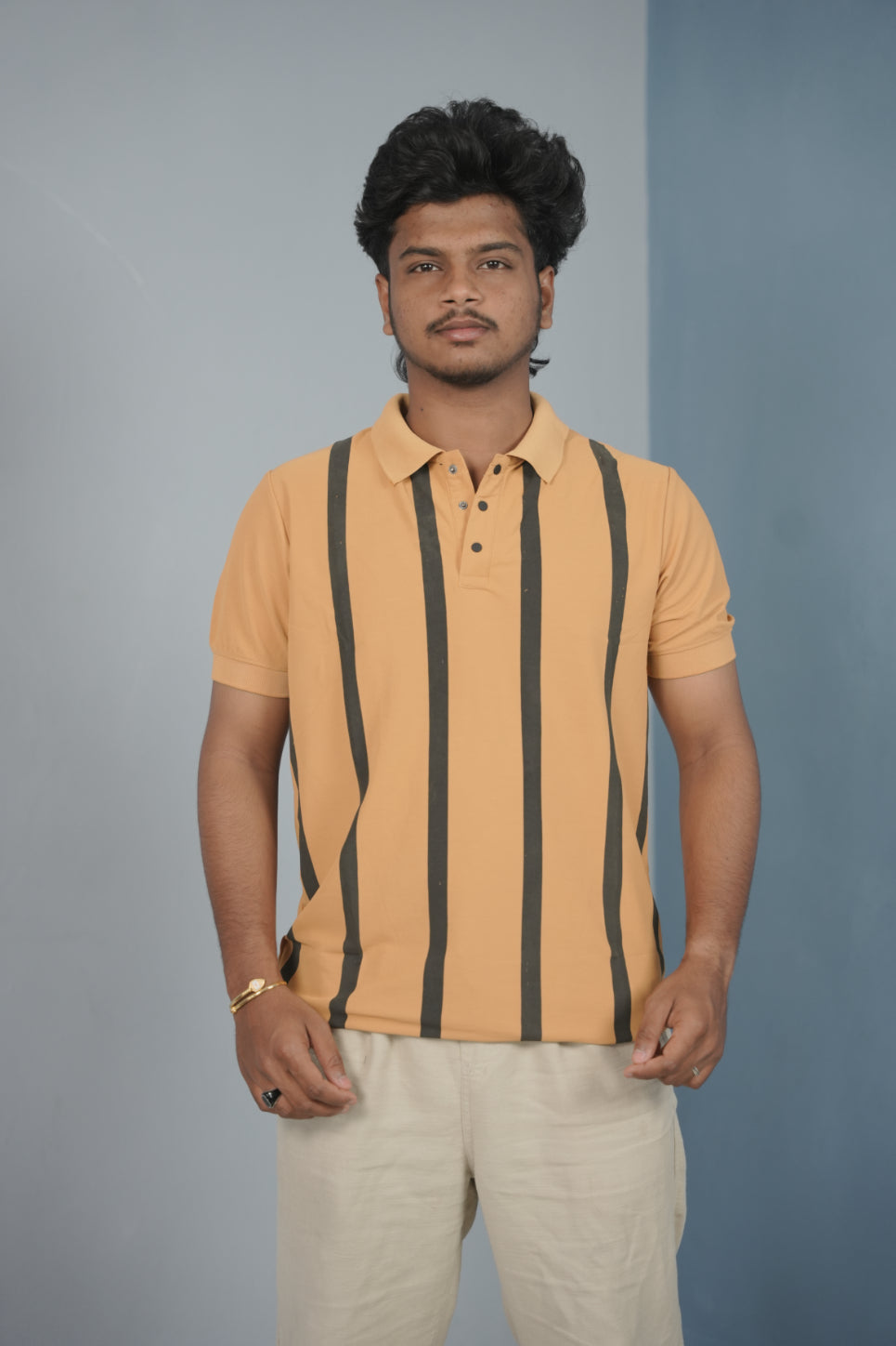 Trendy Vertical Stripe Short Sleeve Polo T Shirt for Men - Yellow
