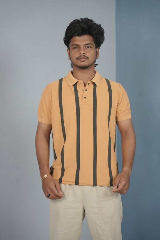 Trendy Vertical Stripe Short Sleeve Polo T Shirt for Men - Yellow