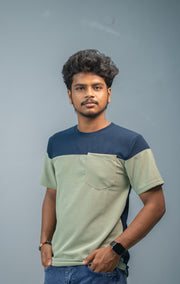 Men’s Short Sleeve Round Neck Block T-Shirt with Pocket | Blue and Green