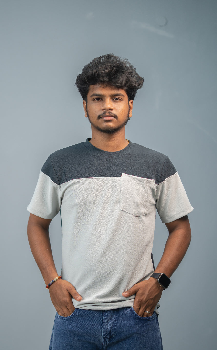Men’s Short Sleeve Round Neck Block T-Shirt with Pocket | Grey and Ash