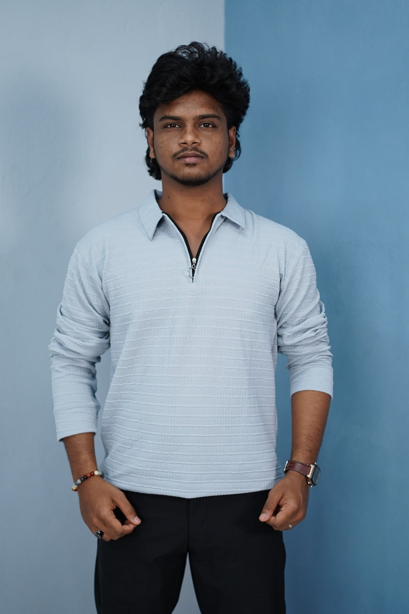 Men’s Korean Zipper Rib Full Sleeve T-Shirt – Slim Fit Casual Wear-Light Blue