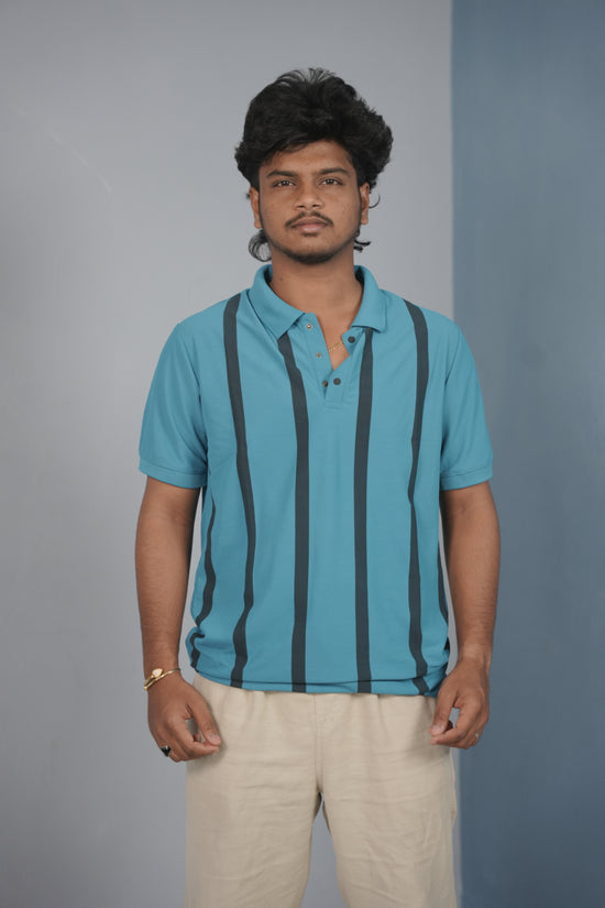 Trendy Vertical Stripe Short Sleeve Polo T Shirt for Men - Blue