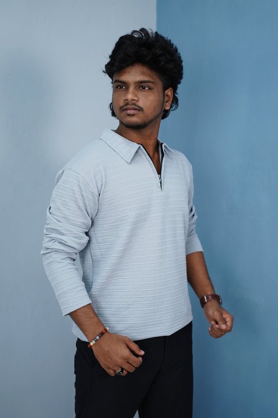 Men’s Korean Zipper Rib Full Sleeve T-Shirt – Slim Fit Casual Wear-Light Blue