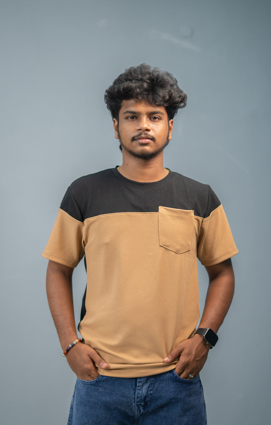 Men’s Short Sleeve Round Neck Block T-Shirt with Pocket | Black and BROWN