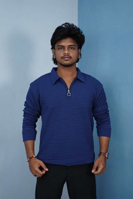 Men’s Korean Zipper Rib Full Sleeve T-Shirt – Slim Fit Casual Wear-Navy Blue