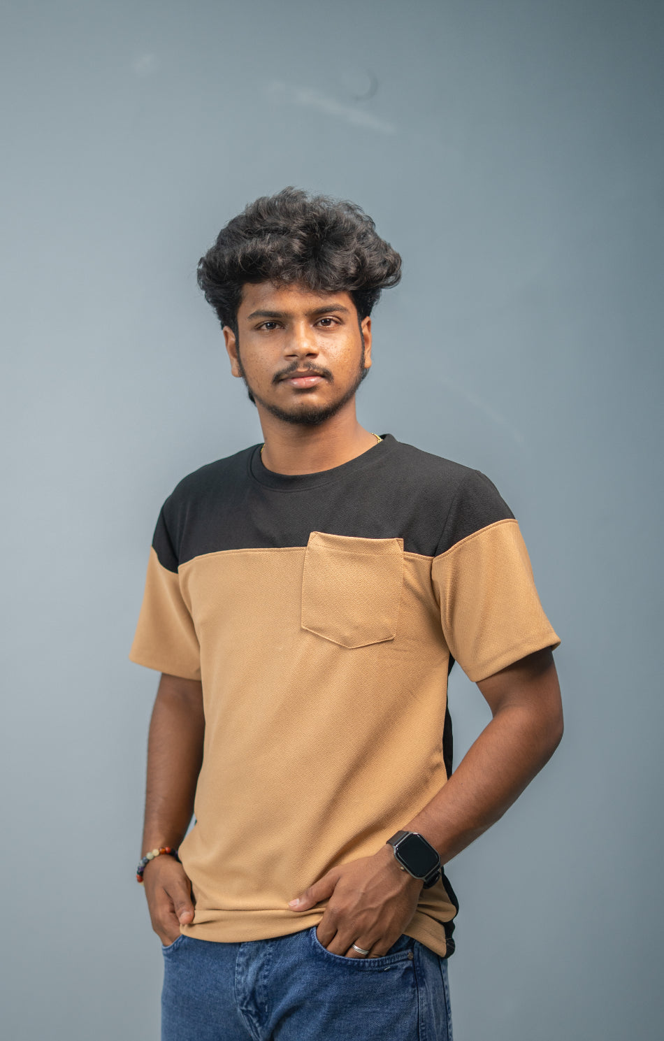 Men’s Short Sleeve Round Neck Block T-Shirt with Pocket | Black and BROWN