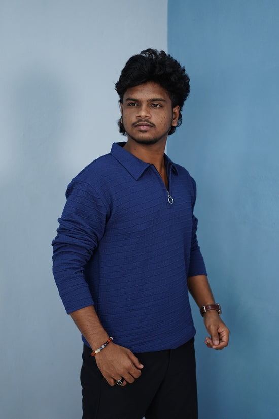 Men’s Korean Zipper Rib Full Sleeve T-Shirt – Slim Fit Casual Wear-Navy Blue