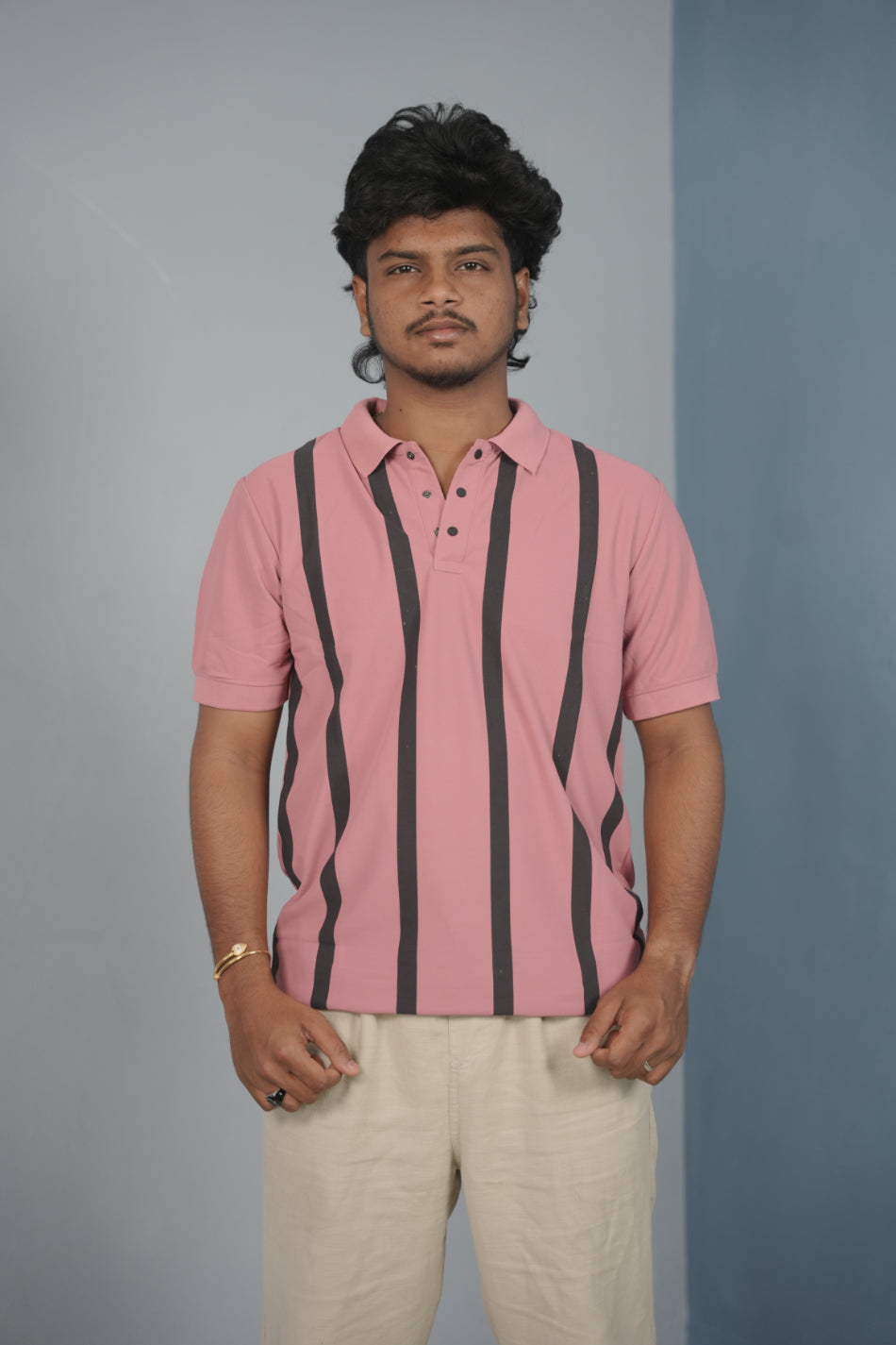 Trendy Vertical Stripe Short Sleeve Polo T Shirt for Men - Pink