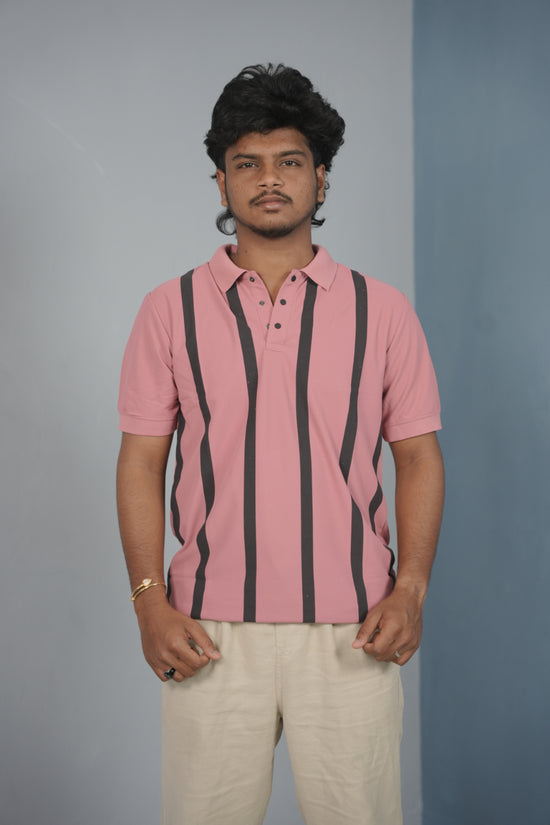 Trendy Vertical Stripe Short Sleeve Polo T Shirt for Men - Pink