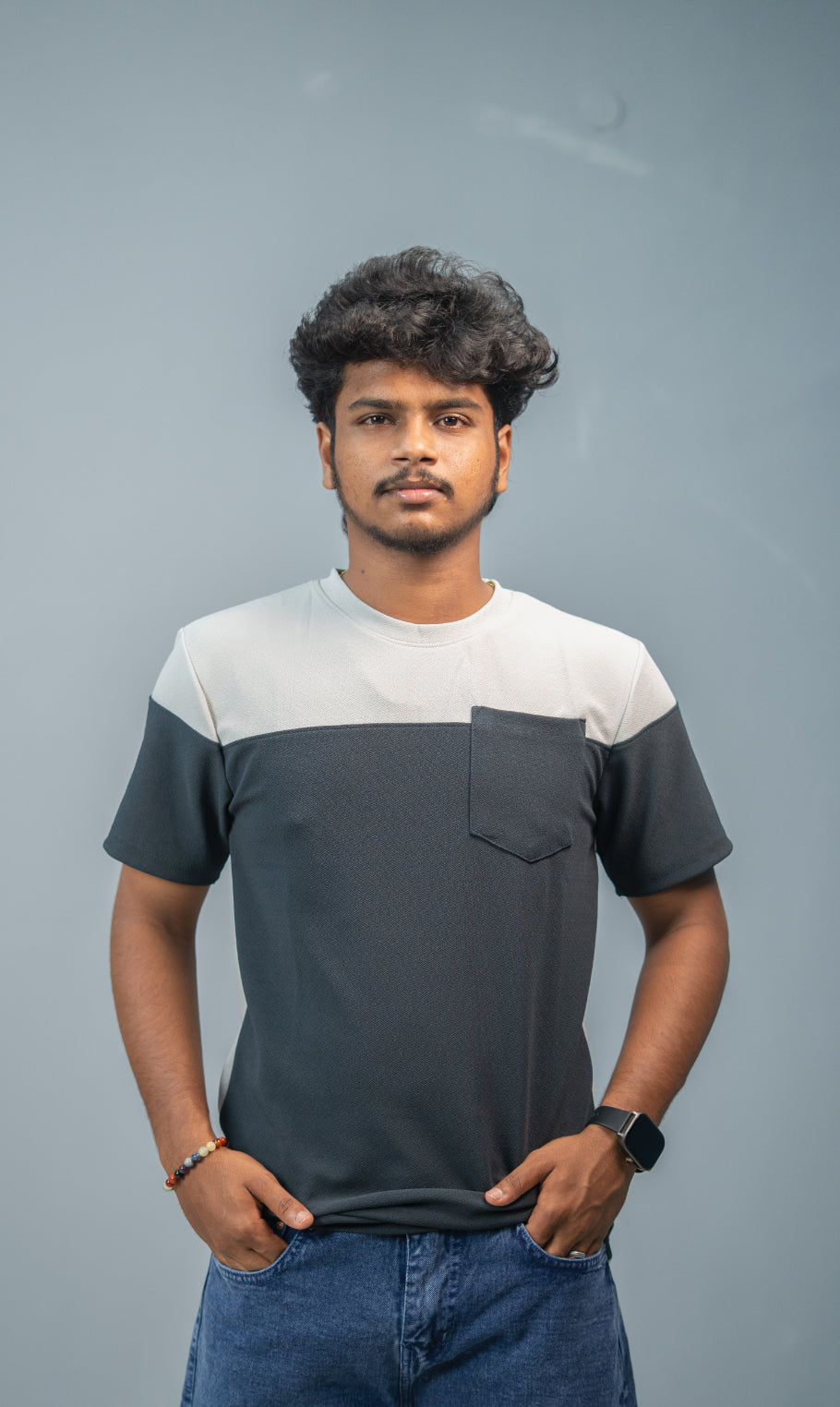 Men’s Short Sleeve Round Neck Block T-Shirt with Pocket | Ash and Grey
