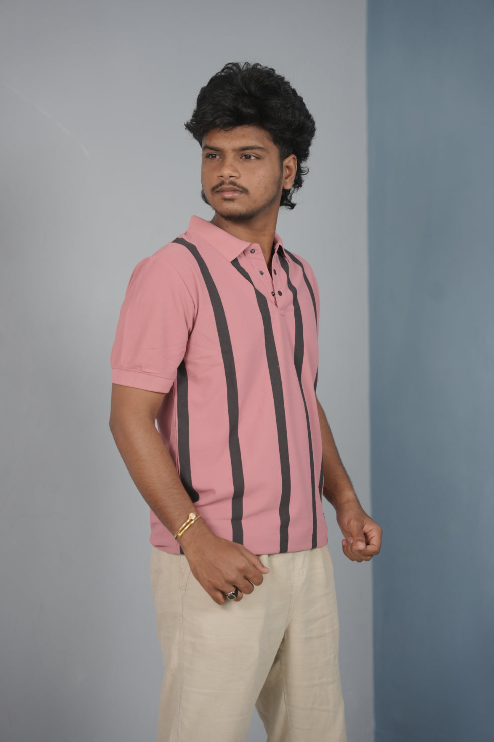 Trendy Vertical Stripe Short Sleeve Polo T Shirt for Men - Pink